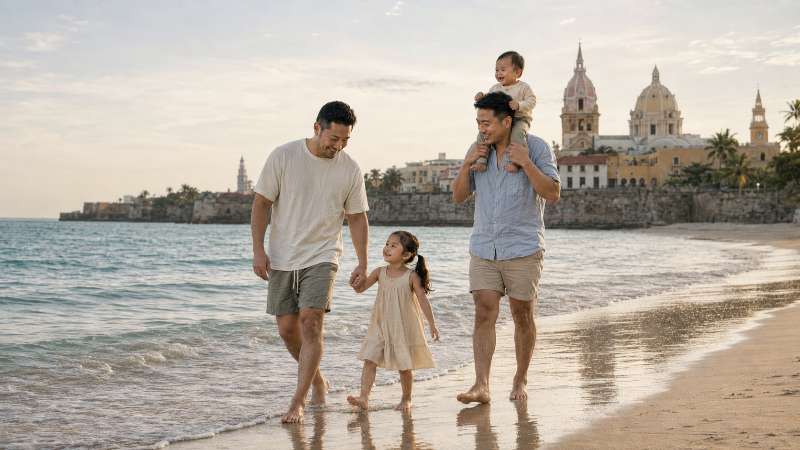 A family walking along the beach